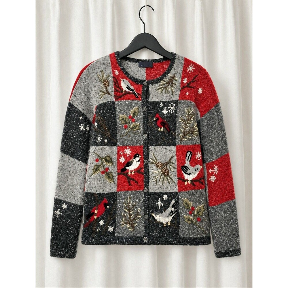 Vintage Northern Isles Gray Patchwork Songbird Woodland Knit Cardigan Sweater